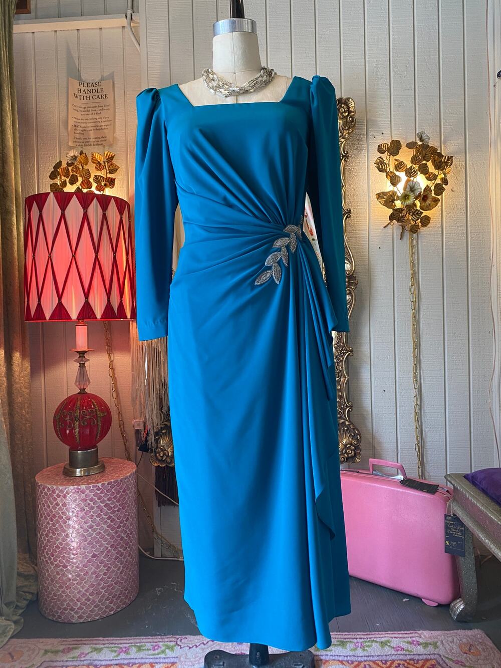 1980s teal draped cocktail dress, puff sleeves, beaded, 80s fashion, alyce, sm